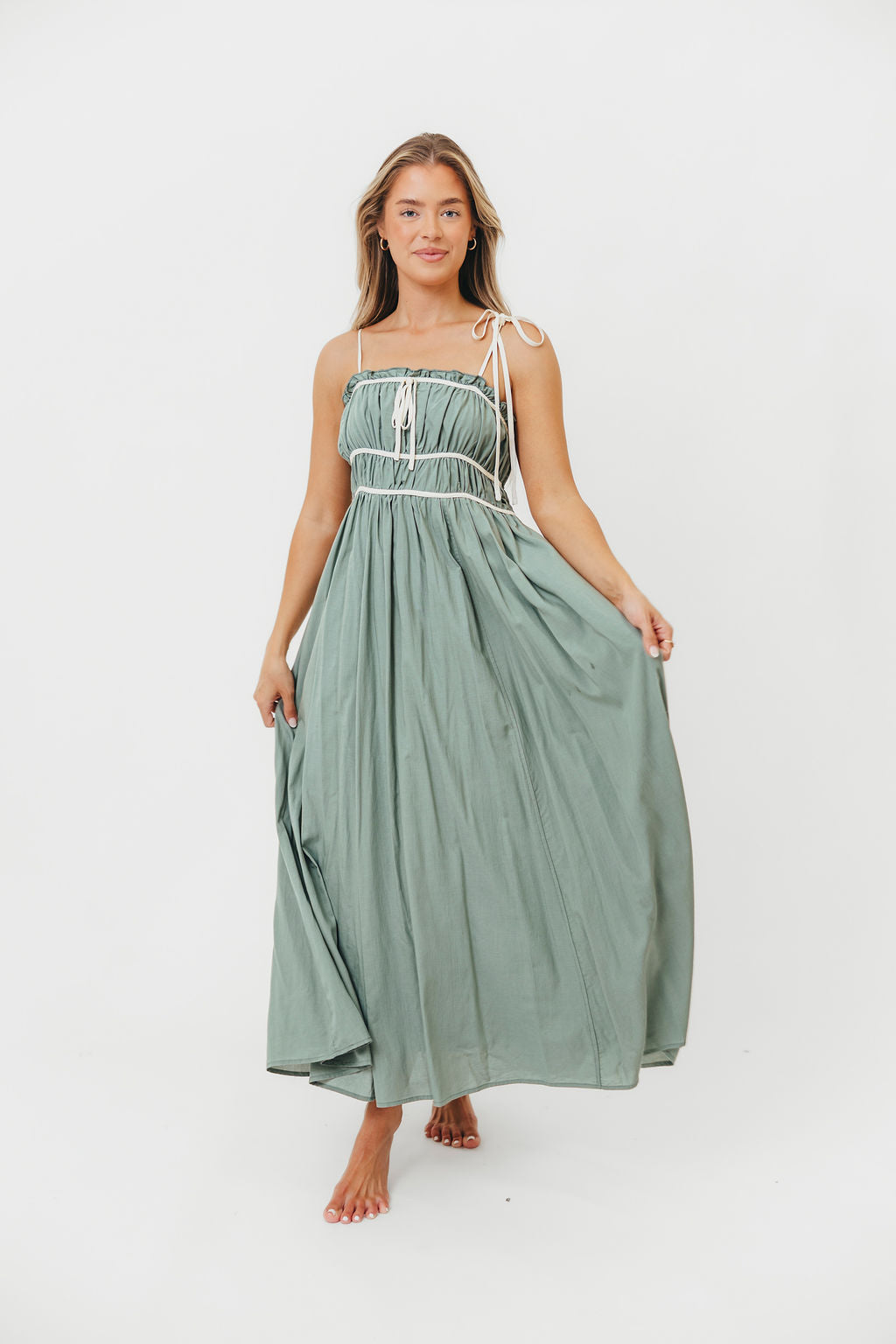 Hilsy Women's Cotton Blend Contrast Trim Maxi Dress - Flowy Long Summer Dress with Side Slits in Eucalyptus Green | Perfect for Beach Vacations, Date Nights & Casual Outings