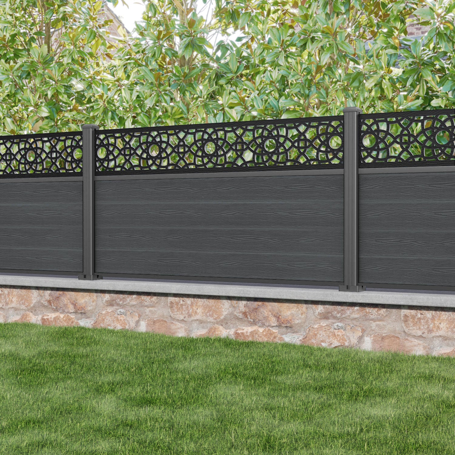 Classic Amber Fence Panel - Dark Grey Aluminum Privacy Fence with Sturdy Posts | Outdoor Garden, Backyard, and Patio Fencing Solution
