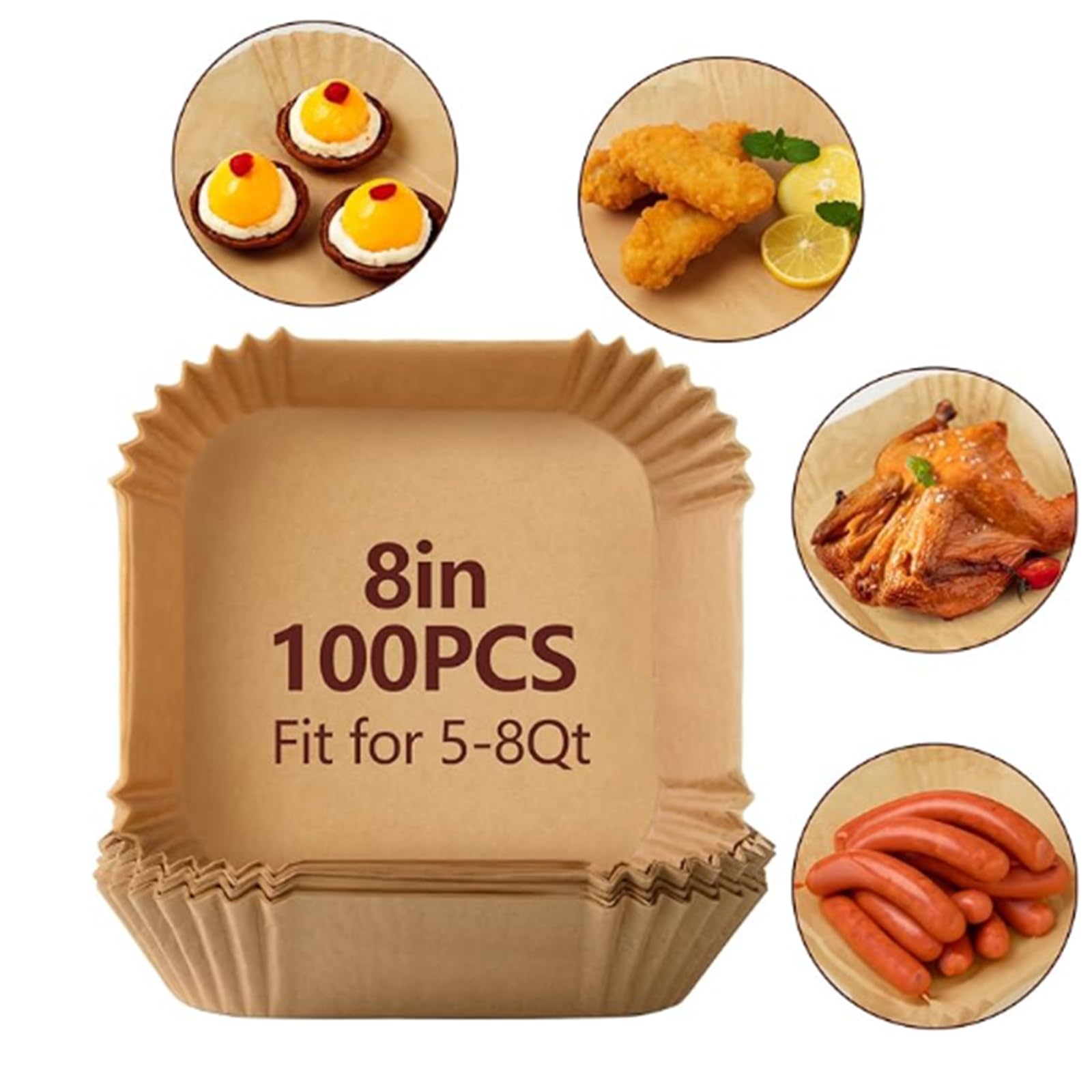 100Pcs 8-Inch Square Air Fryer Paper Liners - Non-Stick, Oil-Proof Parchment Sheets for 5-8 QT Air Fryers & Microwave Safe - Perfect for Healthy Cooking, Reheating & Baking Snacks
