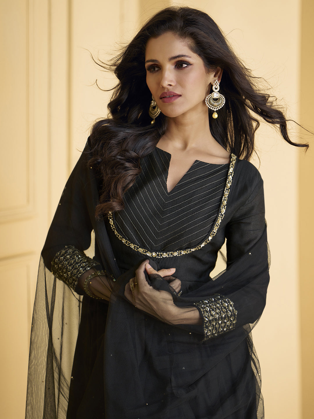 Elegant Black Traditional Designer Stitched Pure Silk Sharara Suit with Embellished Work - Perfect for Weddings, Festivals & Special Occasions