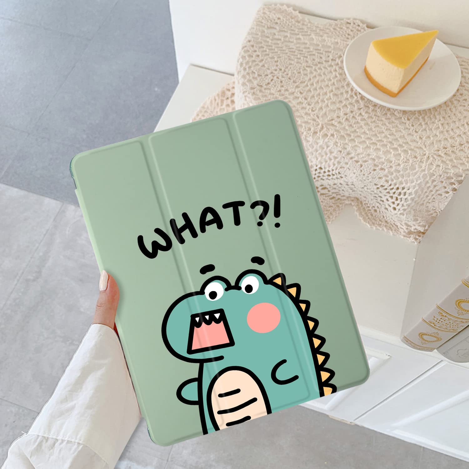Cartoon Dinosaur iPad Air 3 Case with Pencil Holder - Auto Sleep/Wake Function - Green Leather Soft TPU Back Cover Compatible with iPad Pro 10.5 Inch 2017 - Perfect for Kids, Students & Office Use