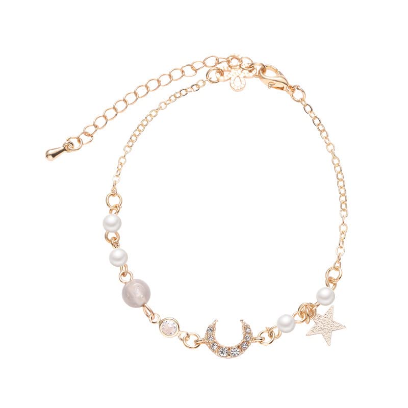 Adjustable Crystal Anklet Bracelet with Moon & Star Charms - Gray Pearl Foot Jewelry for Women, Gift for Mom, Wife, Girls | Perfect for Beach Vacations, Summer Outfits & Boho Fashion Accessories
