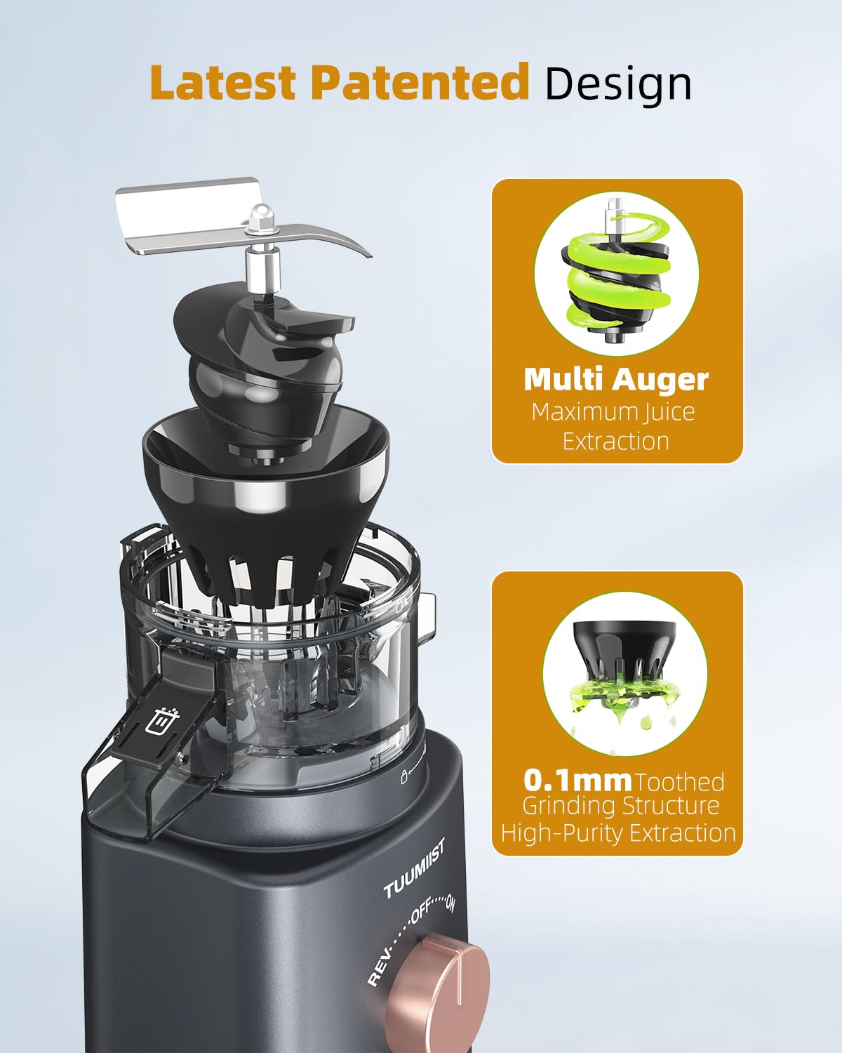 TUUMIIST Cold Press Juicer Machine - 4.25'' Large Feed Chute for Whole Fruits & Vegetables, Easy to Clean Masticating Juicer in Gun Grey - Perfect for Healthy Juicing at Home, Gym, or Office