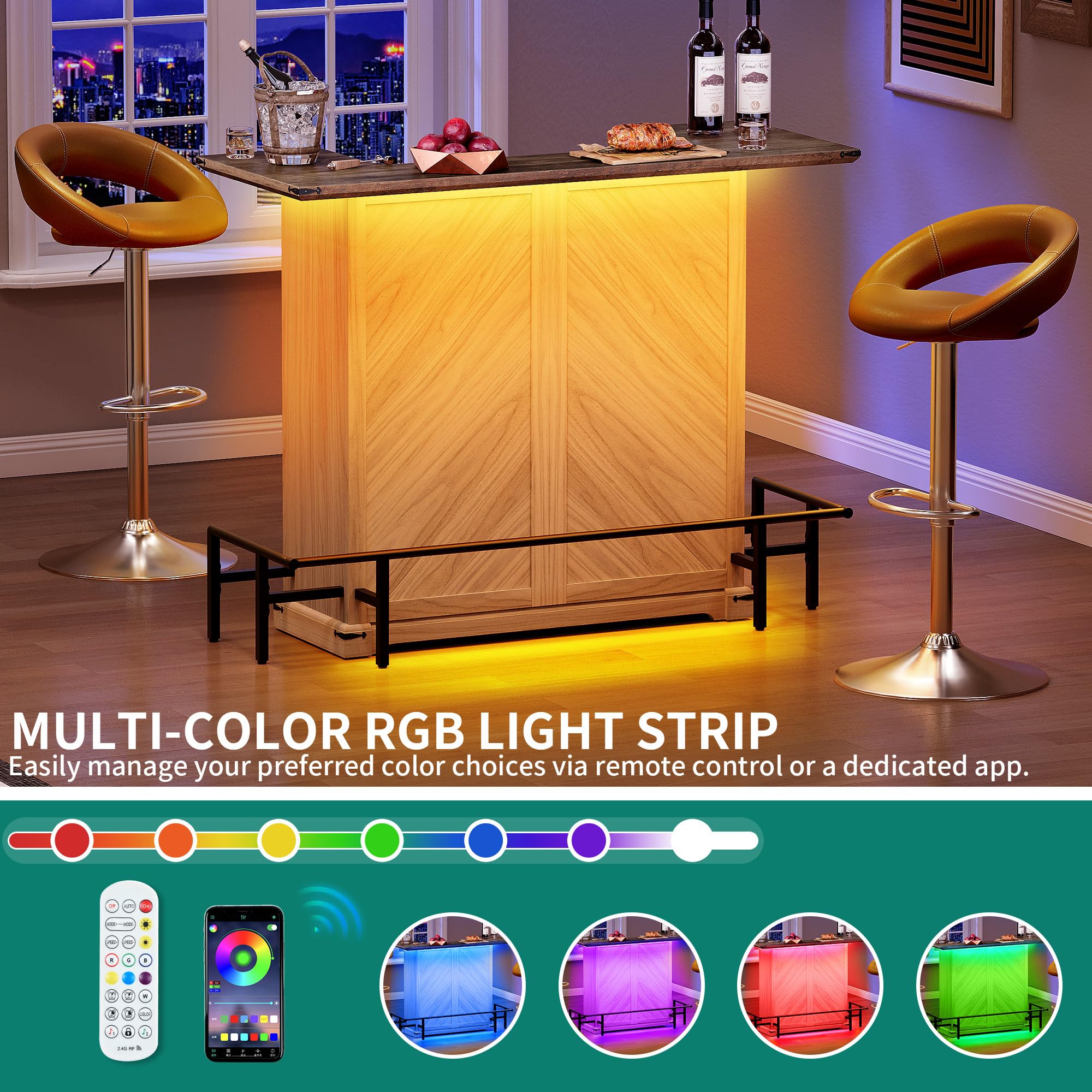 YITAHOME Farmhouse Bar Cabinet with LED Lights, Drawer & Wine Storage - Home Bar Unit with Glasses Holder & Footrest for Living Room, Kitchen, Dining Room - Off White & Walnut Grain Mini Bar Set
