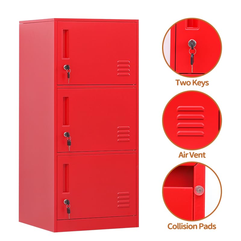 3-Door Metal Vertical Storage Locker for Kids Bedroom - Stackable Steel Cabinet for Toys, Sports Equipment & School Supplies with Anti-Tip Safety Device (Red) - Perfect for Home, Office & Classroom Organization
