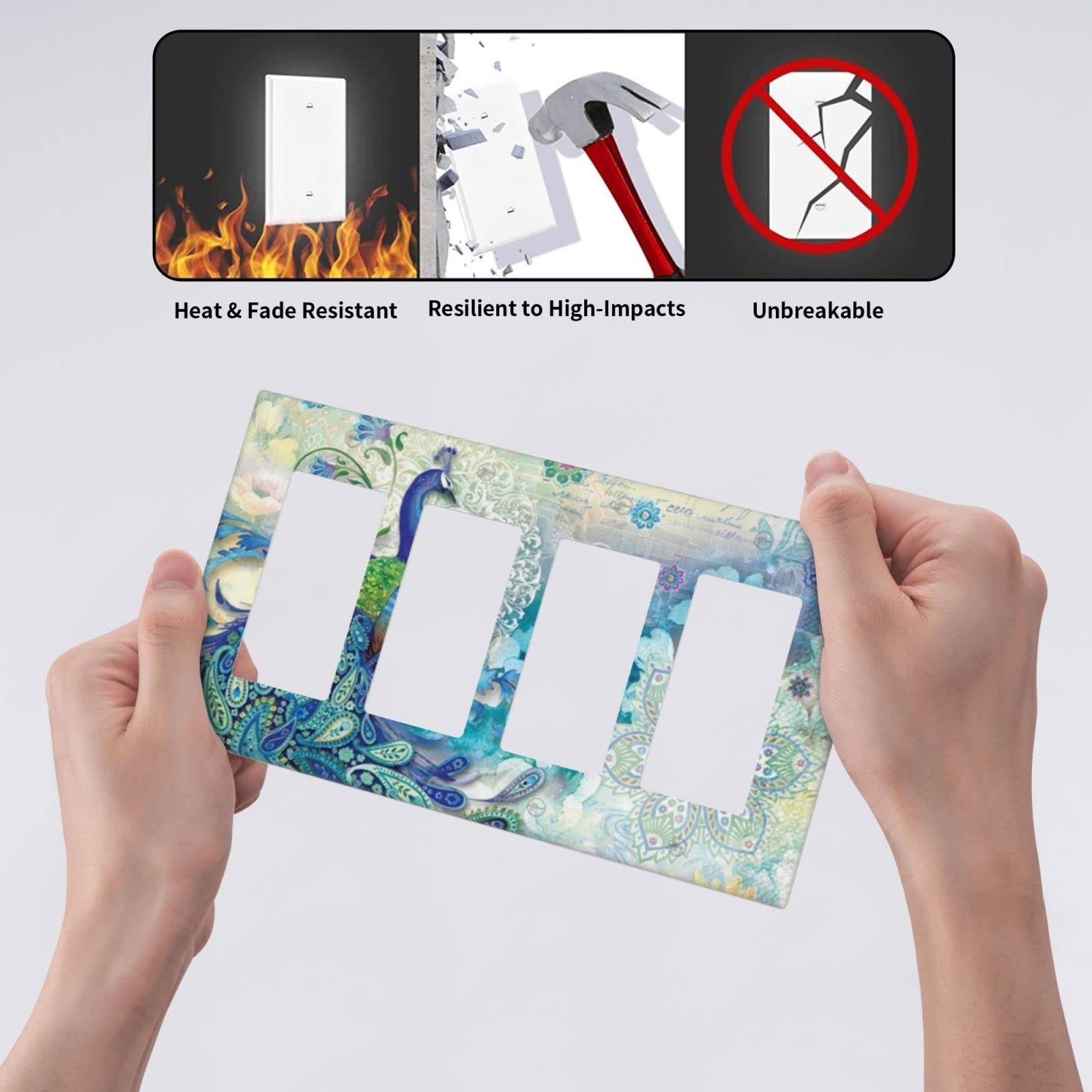 Peacocks and Flowers 4-Gang Rocker Light Switch Cover Plate - Decorative Plastic Wall Plate for Electrical Outlets - Perfect for Bedroom, Bathroom & Kitchen Decor | Home Improvement & Interior Design