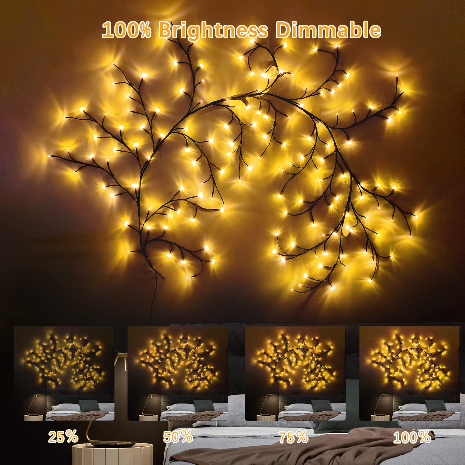 8FT Willow Vine Lights with Remote - 144 LED Fairy Lights for Indoor Wall Decor, Christmas Tree Branches, Enchanted Garden & Bedroom Lighting (1PCS) - Perfect for Home, Party & Wedding Decorations