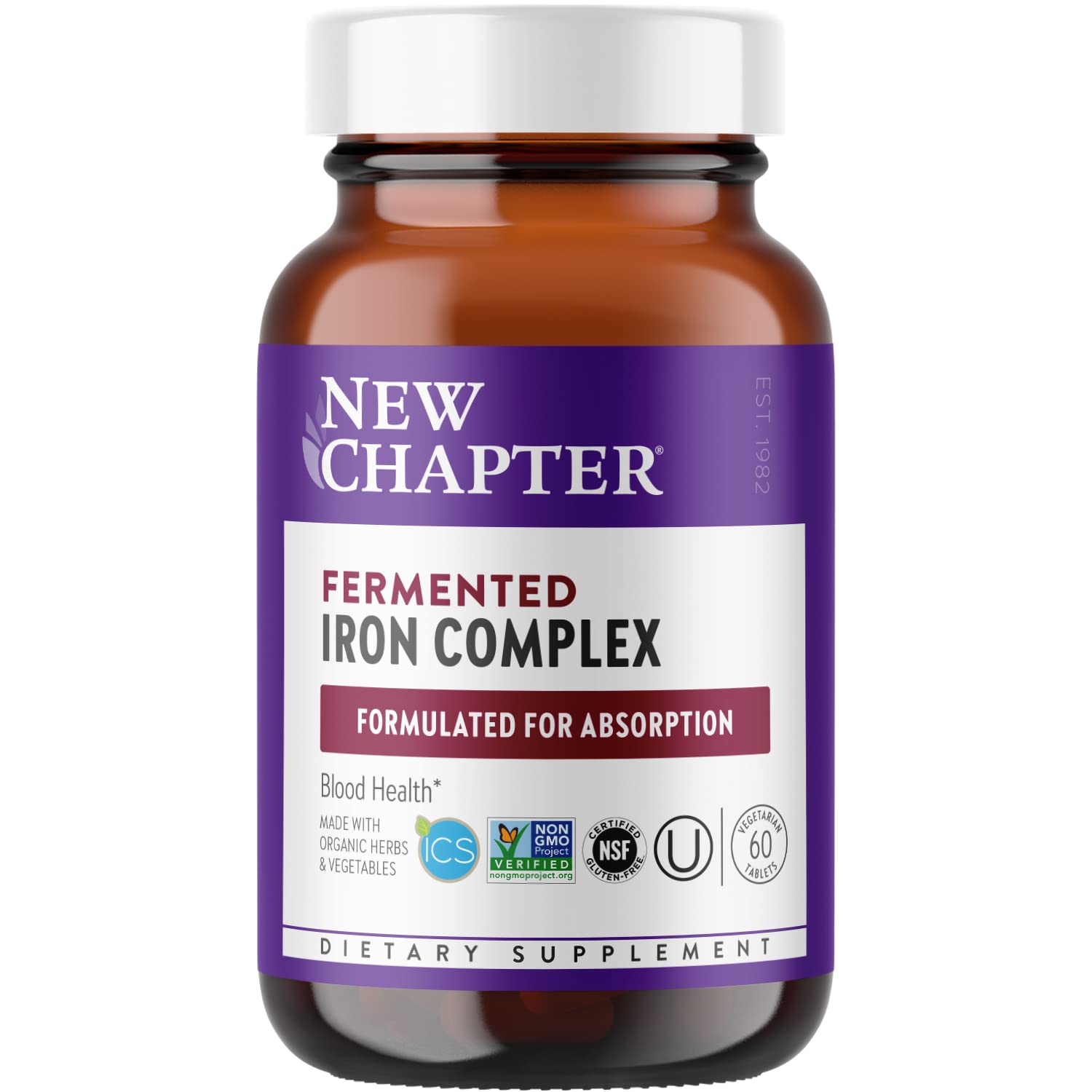 New Chapter Fermented Iron Complex Supplement - Organic Whole-Food Iron with Gentle Non-Constipating Formula - 60 Capsules (2 Month Supply) for Energy Support & Healthy Blood Circulation - Perfect for Active Lifestyles & Pregnancy Nutrition