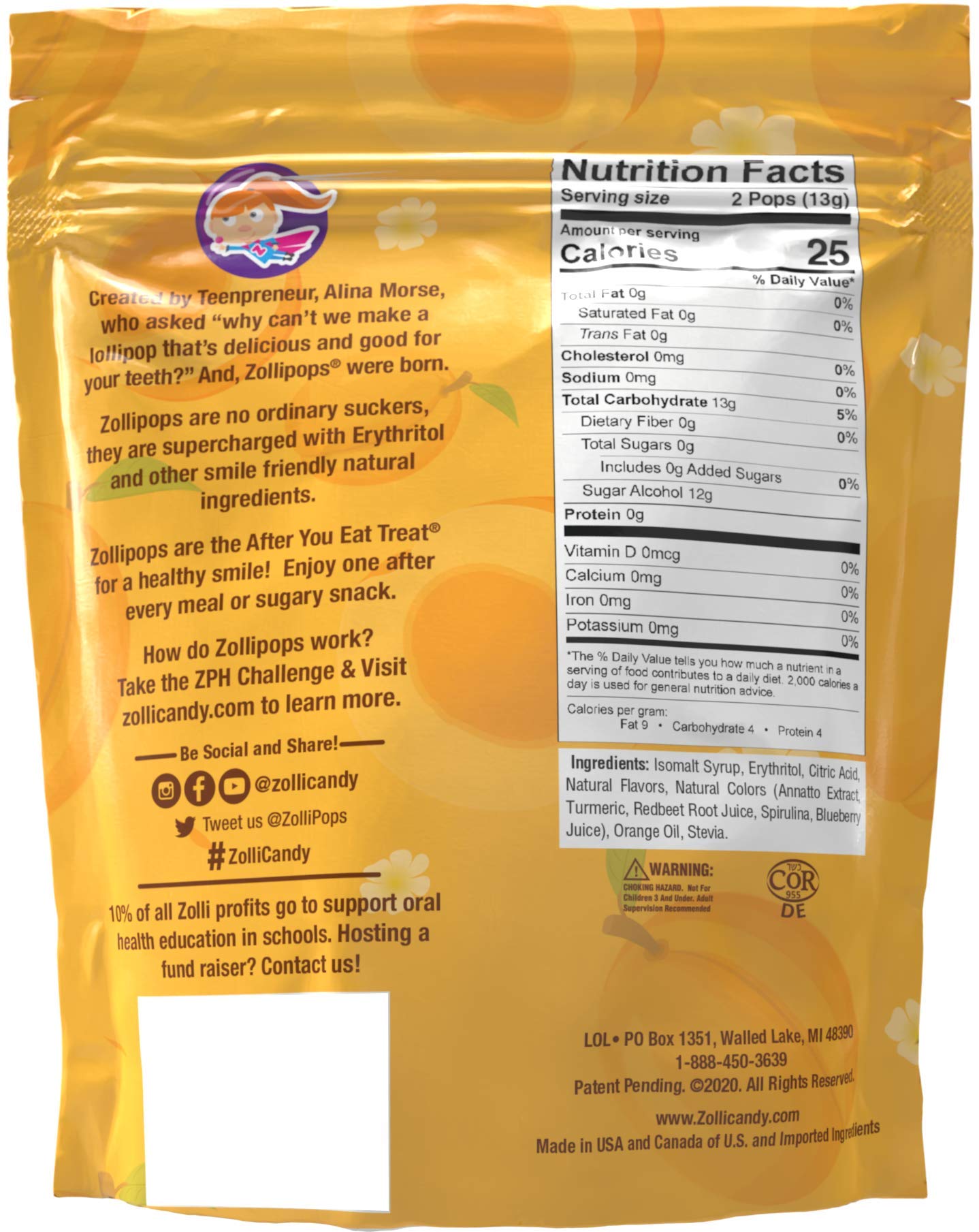 Zollipops Sugar-Free Peach Lollipops for Clean Teeth - 3.1 Oz Pack | Dentist-Recommended, Xylitol Sweetened | Perfect for Kids' Lunchboxes, Party Favors & Healthy Snacking