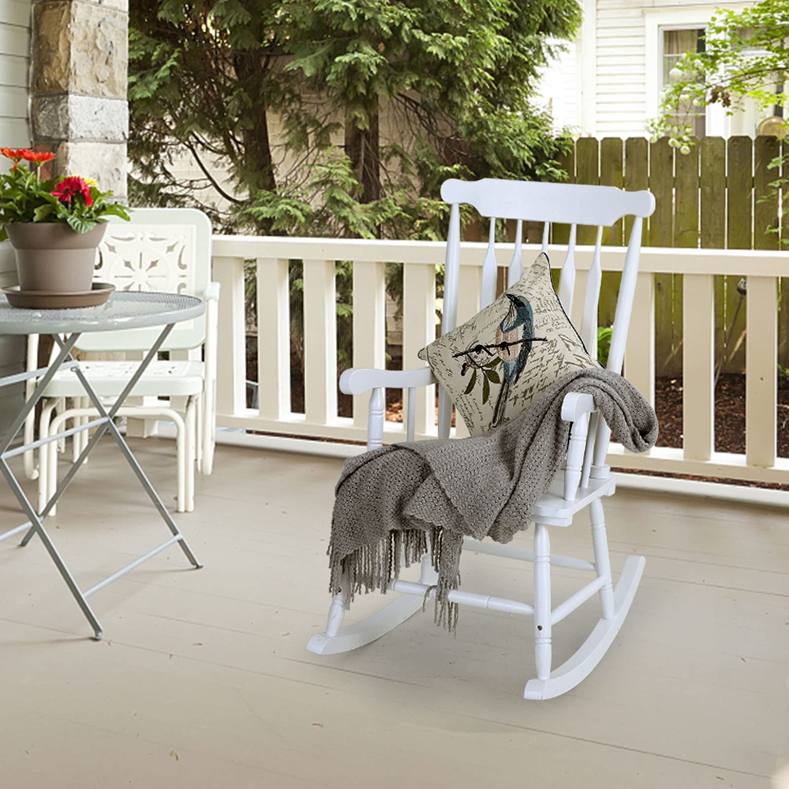 Sophia & William Modern White Poplar Wood Rocking Chair - Fan-Shaped Back Design for Porch, Patio, Garden, Lawn, Balcony & Indoor Use - 300 lbs Weight Capacity (1 Pack) - Perfect for Relaxing, Reading & Enjoying Outdoor Breezes