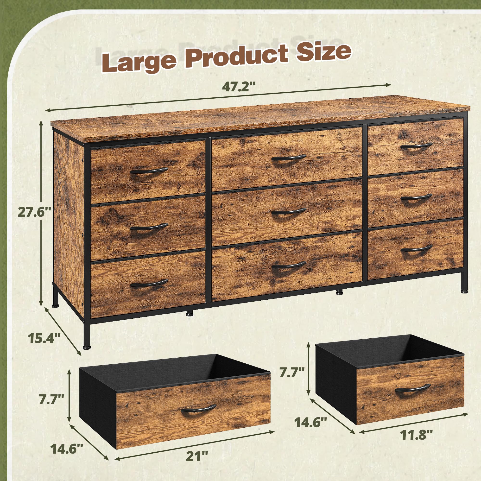 EnHomee 60'' TV Stand Dresser with 9 Drawers - Rustic Brown Wood Top & Sturdy Metal Frame - Wide Bedroom Dresser, Chest of Drawers for Living Room, Closet Organization - Perfect for TV Storage & Bedroom Furniture Arrangement