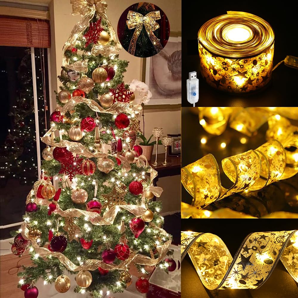 GIHOO 32ft 100 LED Christmas Tree Lights with Copper Wire & Ribbon Bows - Warm Gold Lights (6.3cm Width) for Holiday Decorations, Parties, Weddings | Perfect for Indoor/Outdoor Christmas Trees, Home Decor, and Festive Events