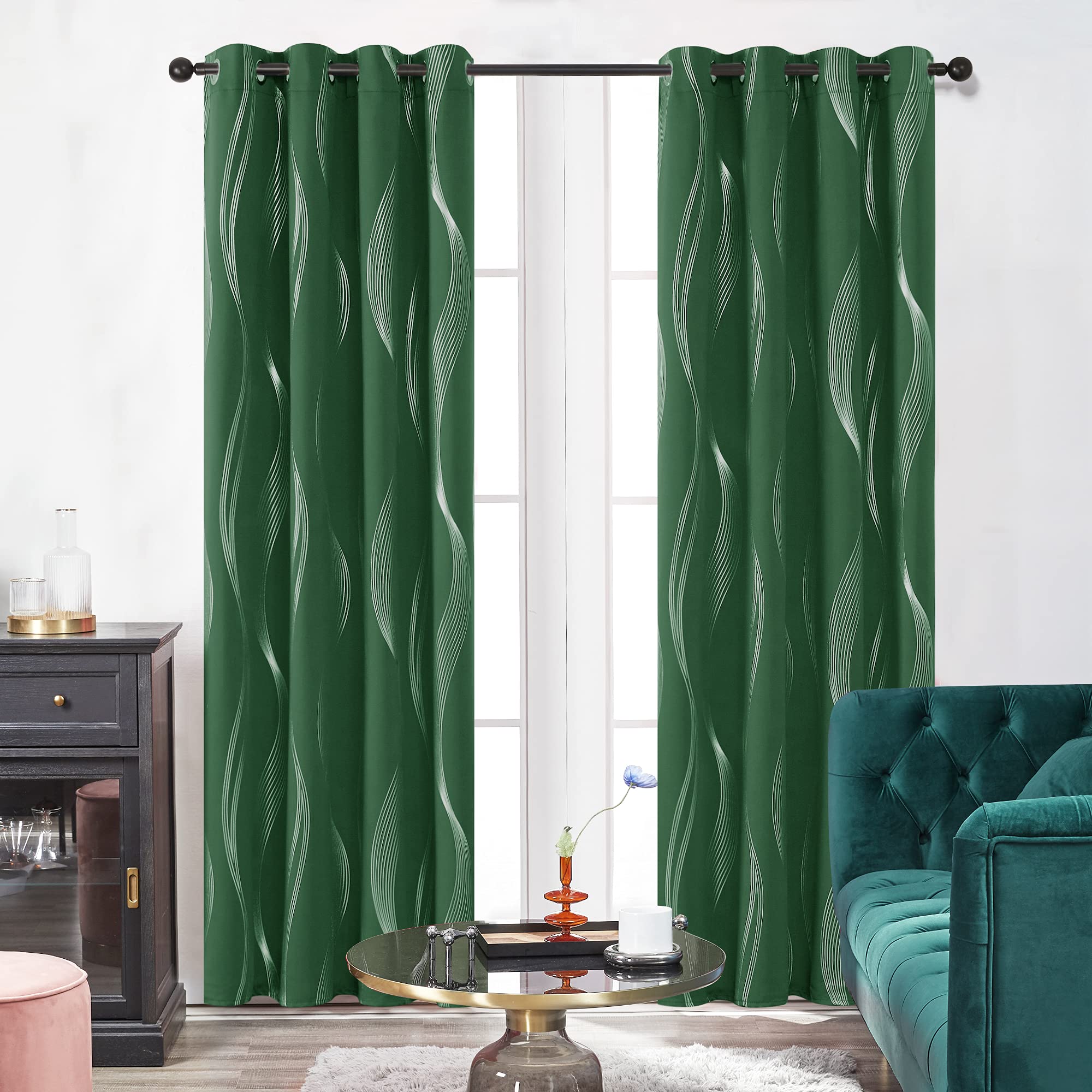 Deconovo Blackout Curtains for Girls Room - Wave Foil Printed Thermal Insulated Grommet Drapes, 52x54 Inch, 2 Panels, Dark Forest - Perfect for Bedroom, Nursery & Home Decor