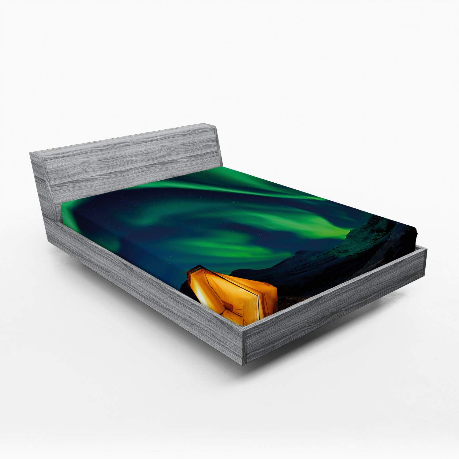 Ambesonne Aurora Borealis Fitted Sheet - Nordic Psychedelic Sky Design with All-Around Elastic Deep Pocket - Queen Size Bed Cover in Forest Green & Yellow - Perfect for Camping, Dorm Rooms & Cozy Bedroom Decor