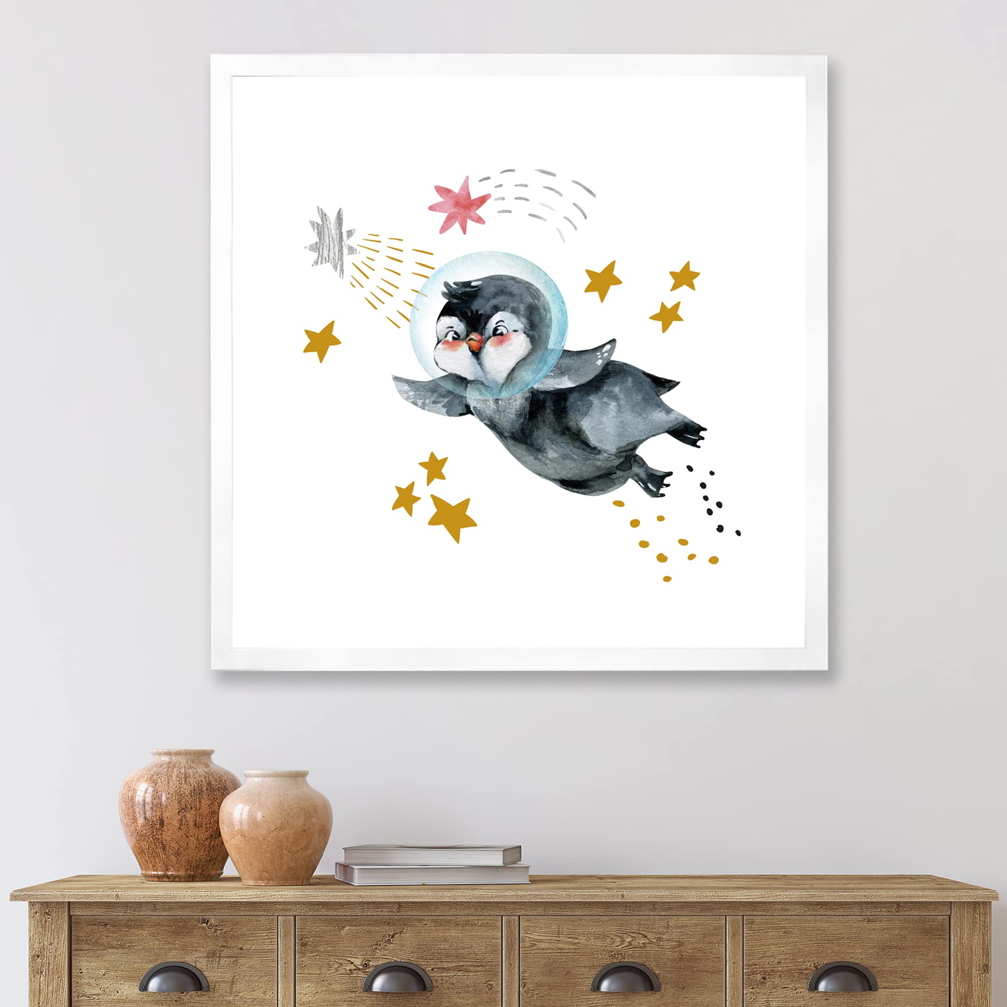 DesignQ Little Penguin Flying Stars and Planets Farmhouse Framed Wall Art - Nursery Decor, Kids Room Wall Decor, Living Room Wall Art