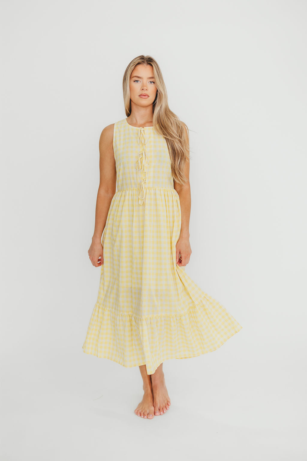 Alana Gingham Ribbon Detail Midi Dress in Butter Yellow - Floral Summer Dress for Women, Casual & Party Wear, Perfect for Beach, Brunch and Date Nights