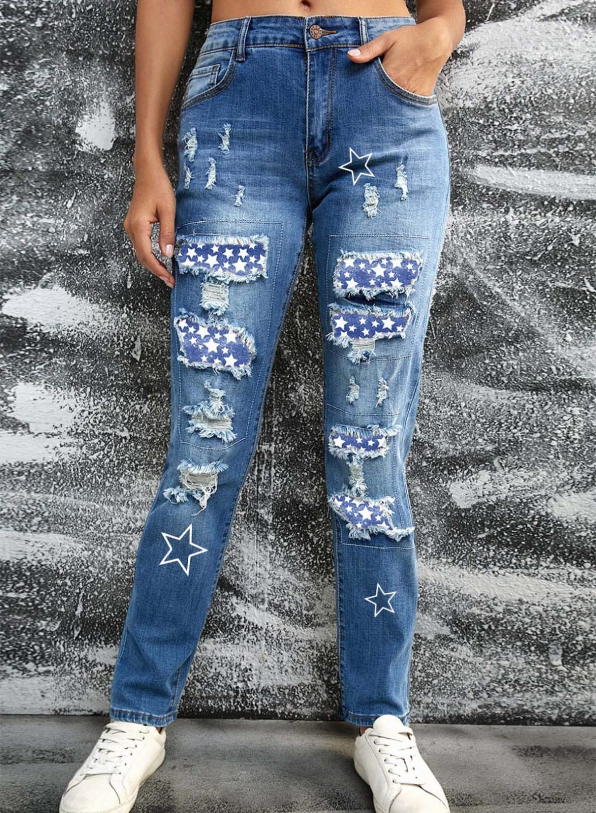 EVALESS Women's Ripped Boyfriend Jeans - Distressed Skinny Denim Pants with Plaid Patch Design | Casual Streetwear & Everyday Fashion
