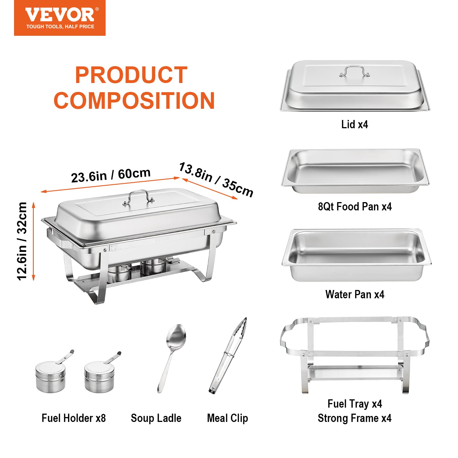 VEVOR 8 Qt Stainless Steel Chafing Dish Buffet Set - 4 Pack with Full Size Pans, Lid, Water Pan & Folding Stand - Catering Warmer for Parties, Weddings, Buffets & Events - Serves 8+ People