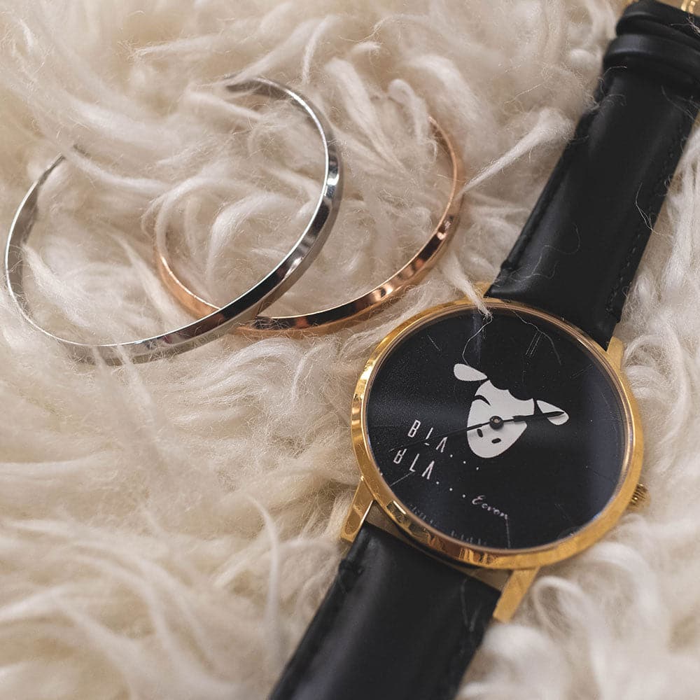 Customized ARIES GOLD Stainless Steel Watch with Black Leather Strap - Unisex Luxury Timepiece for Men & Women | Perfect for Business, Casual Wear & Special Occasions