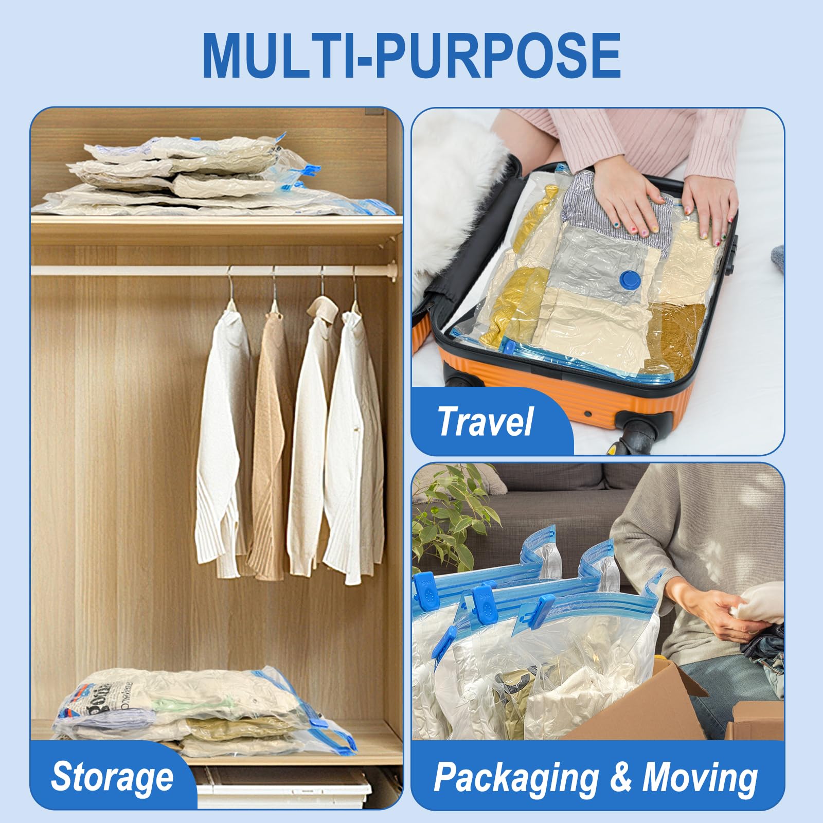 10 Pack Small Vacuum Storage Bags with Hand Pump - Space Saving Compression Bags for Clothes, Blankets, Comforters & Travel - Perfect for Organizing Wardrobes, Seasonal Storage & Luggage Packing