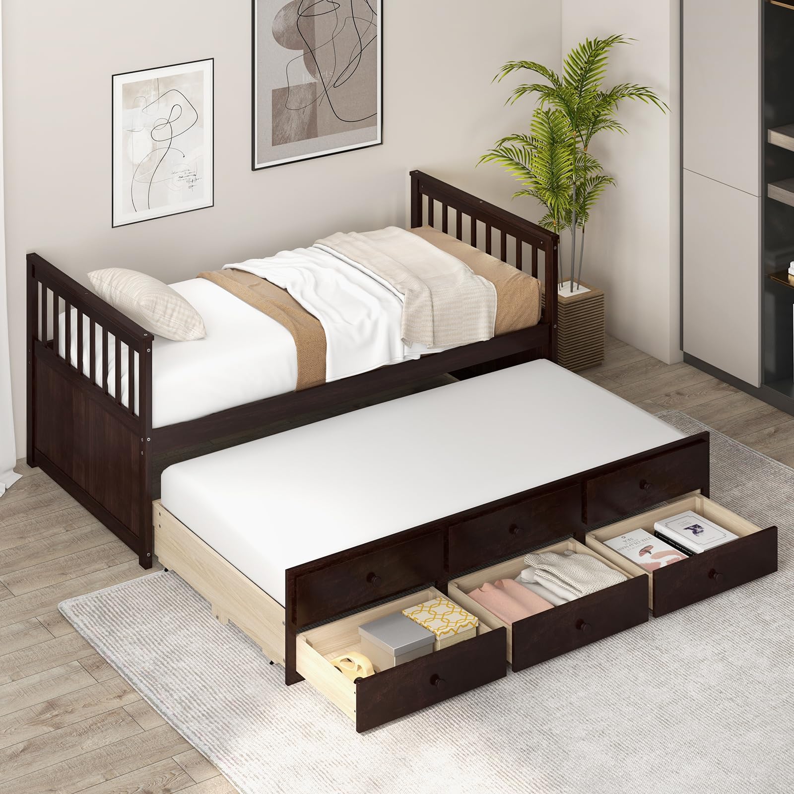 DORTALA Twin Size Trundle Bed with Storage Drawers - Wooden Daybed Frame for Boys, Girls & Adults - No Box Spring Needed - Modern Espresso Captains Bed - Perfect for Bedroom, Guest Room & Small Spaces