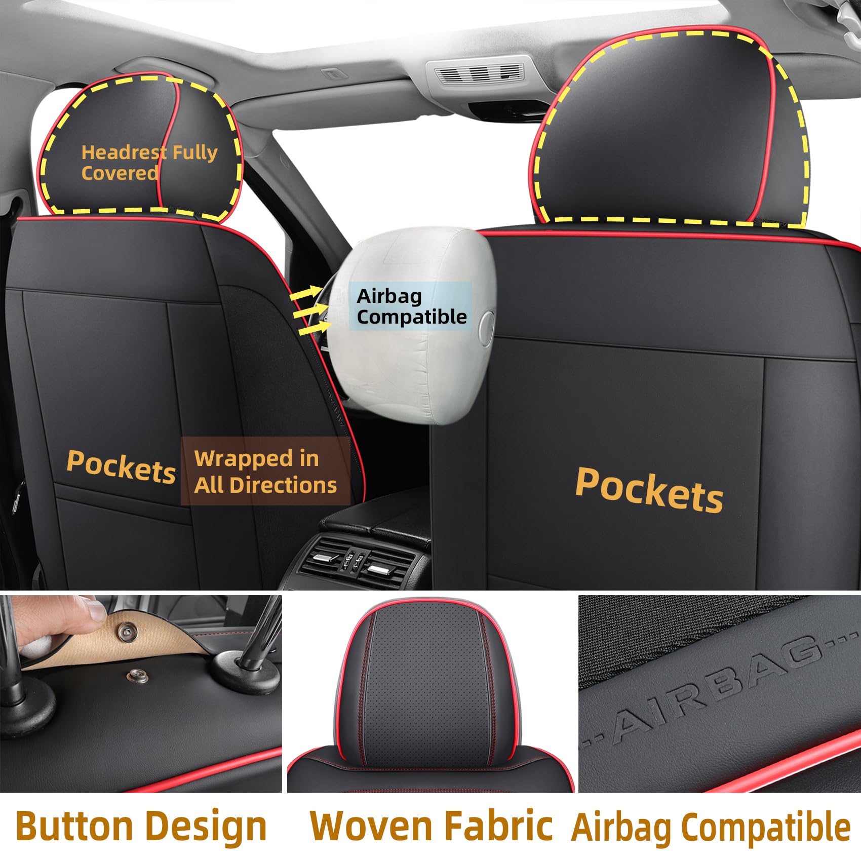Premium Faux Leather Car Seat Covers Full Set - Universal Fit for Most Sedans & SUVs | Super Breathable, Full Wrapping Edge with Storage Bags | Red & Black | Perfect for Daily Commute, Road Trips & Family Travel