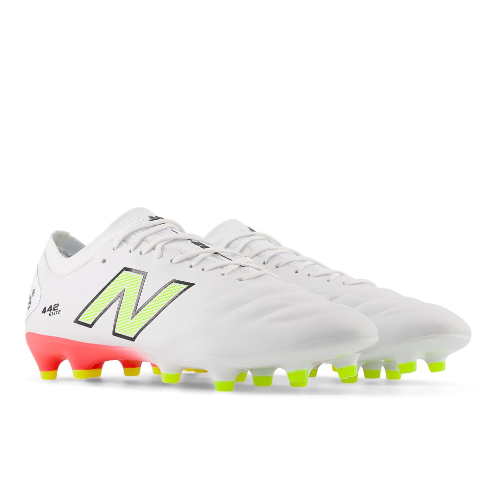 New Balance 442 Elite FG V2 Soccer Cleats for Men - White/Energy Red/Highlite - Firm Ground Football Shoes for Competitive Play & Training