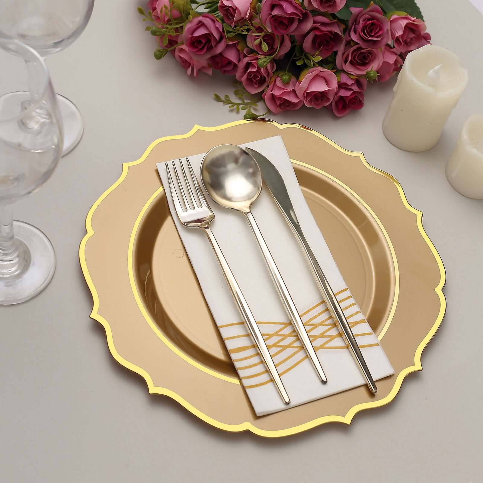 10 Pack Gold Plastic Round Dinner Plates with Scalloped Rim - Disposable Elegant Party Plates for Weddings, Birthdays & Special Events