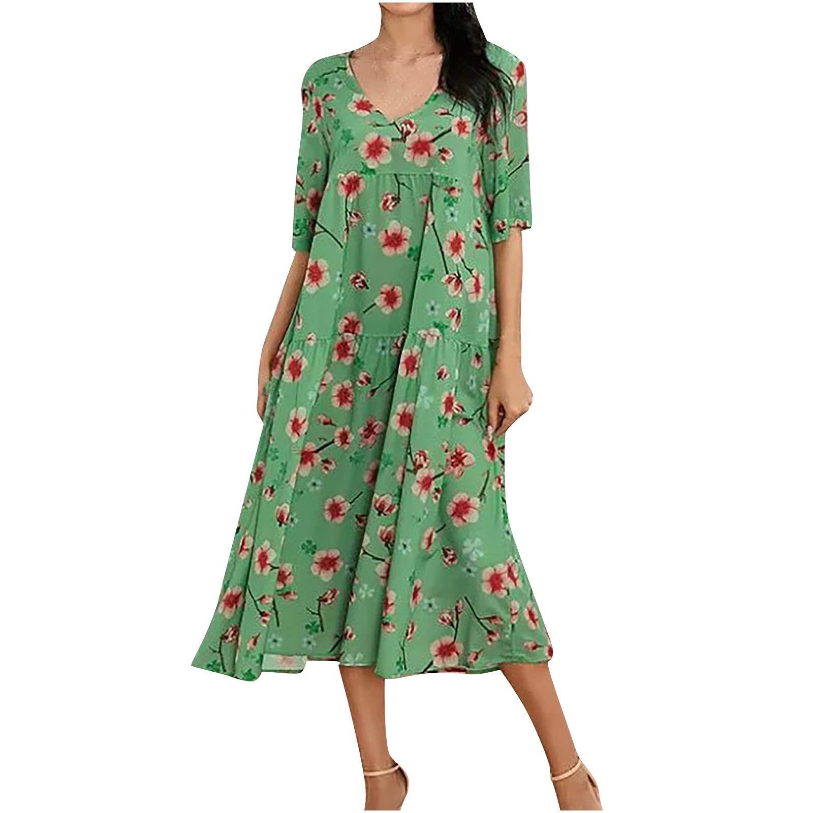 Usupdd Women's Summer Floral Print V-Neck Short Sleeve Midi Dress - Boho Ruffle Swing Dress for Beach, Vacation & Casual Outings