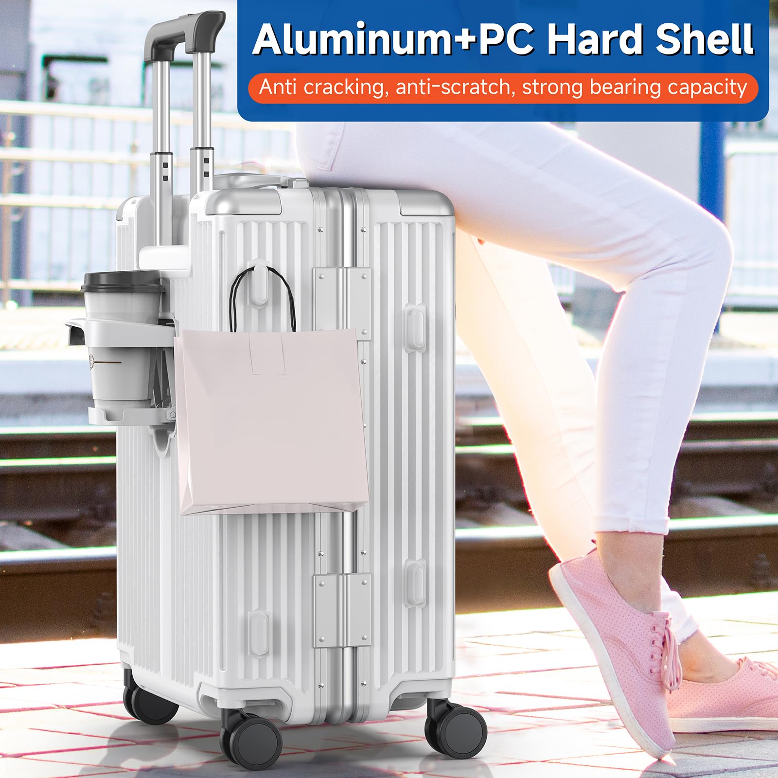 TSA Approved 22x14x9 Inch Carry On Luggage with 360° Spinner Wheels - Aluminum Frame Business Suitcase with Laptop Compartment & Cup Holder, Flexible Handle for Air Travel (White) - Perfect for Business Trips & Weekend Getaways