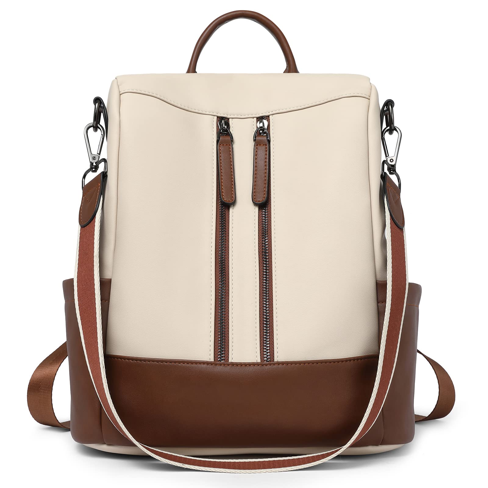 BROMEN Women's Leather Anti-Theft Travel Backpack Purse - Fashion Shoulder Handbag in Contrast Beige for Work, Commute & Daily Use