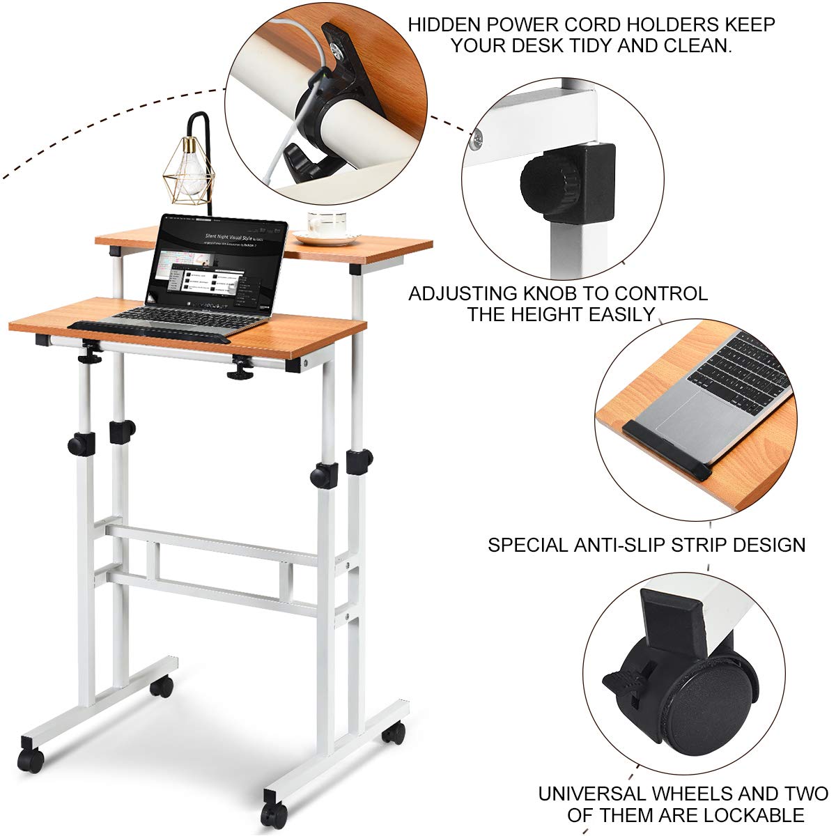 Tangkula Mobile Standing Desk - Height Adjustable Laptop Cart with Tilting Tabletop, Rolling Computer Desk with Lockable Wheels & 2 Hooks for Home Office | Perfect for Remote Work, Online Classes & Small Workspaces