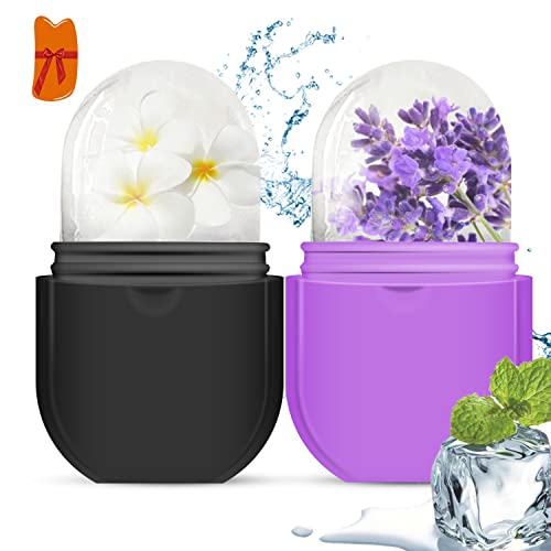 2 Packs Ice Roller for Face & Eyes - Reusable Cooling Face Massager for Puffiness, Dark Circles & Skin Tightening - Silicone Ice Facial Roller with Gua Sha Benefits - Perfect Beauty Gift for Women (Black & Purple) | Use for Morning Routine, Post-Workout Recovery & Spa Night Self-Care