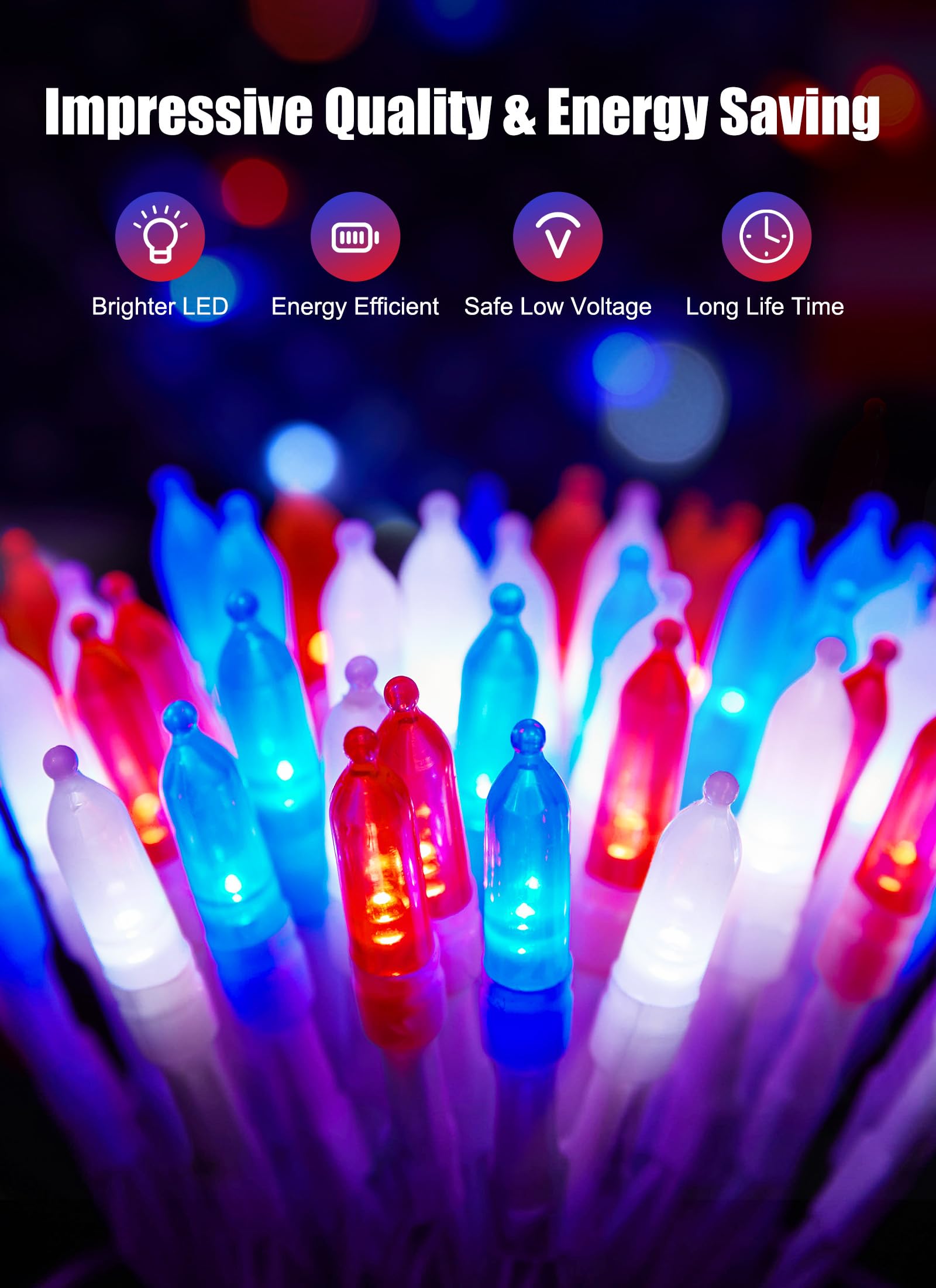 4th of July LED String Lights - 20 Waterproof Patriotic Lights for Outdoor Decor