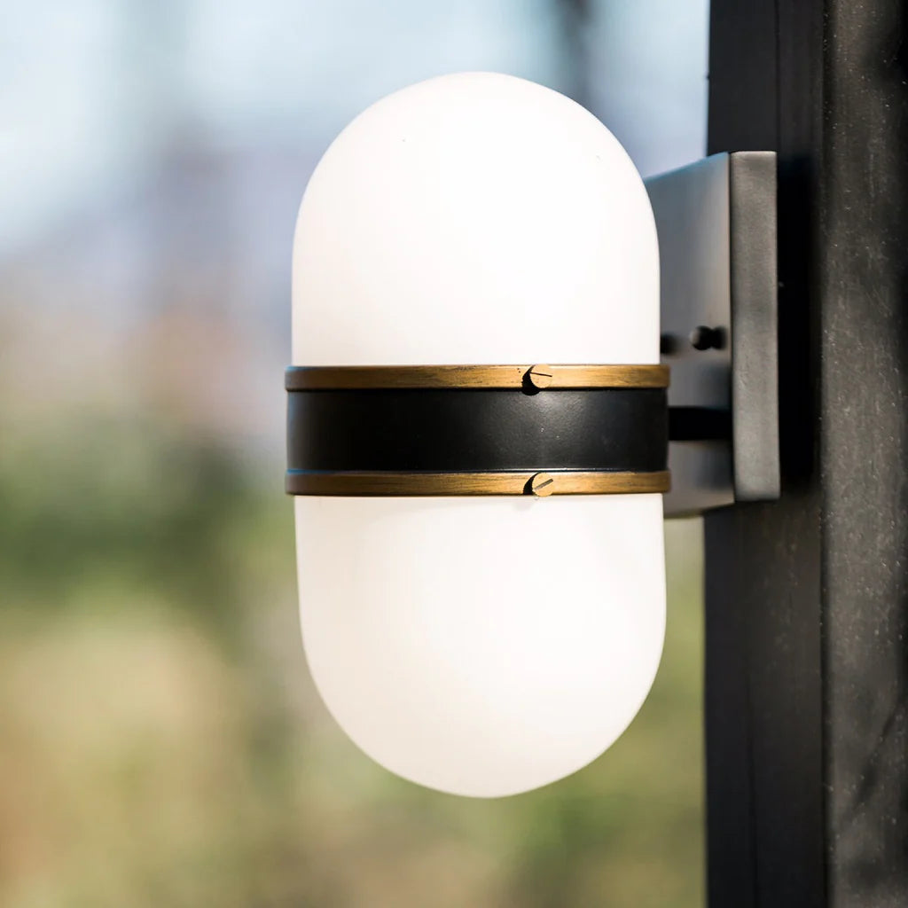 Brian Patrick Flynn Capsule 1 Light Outdoor Wall Sconce - 6x10 Inch Stainless Steel & Glass Matte Black with Textured Gold Finish - 120V E26 Medium Base LED Bulb Socket - Perfect for Patio, Garden, Porch, Entryway, Hallway & Exterior Wall Lighting