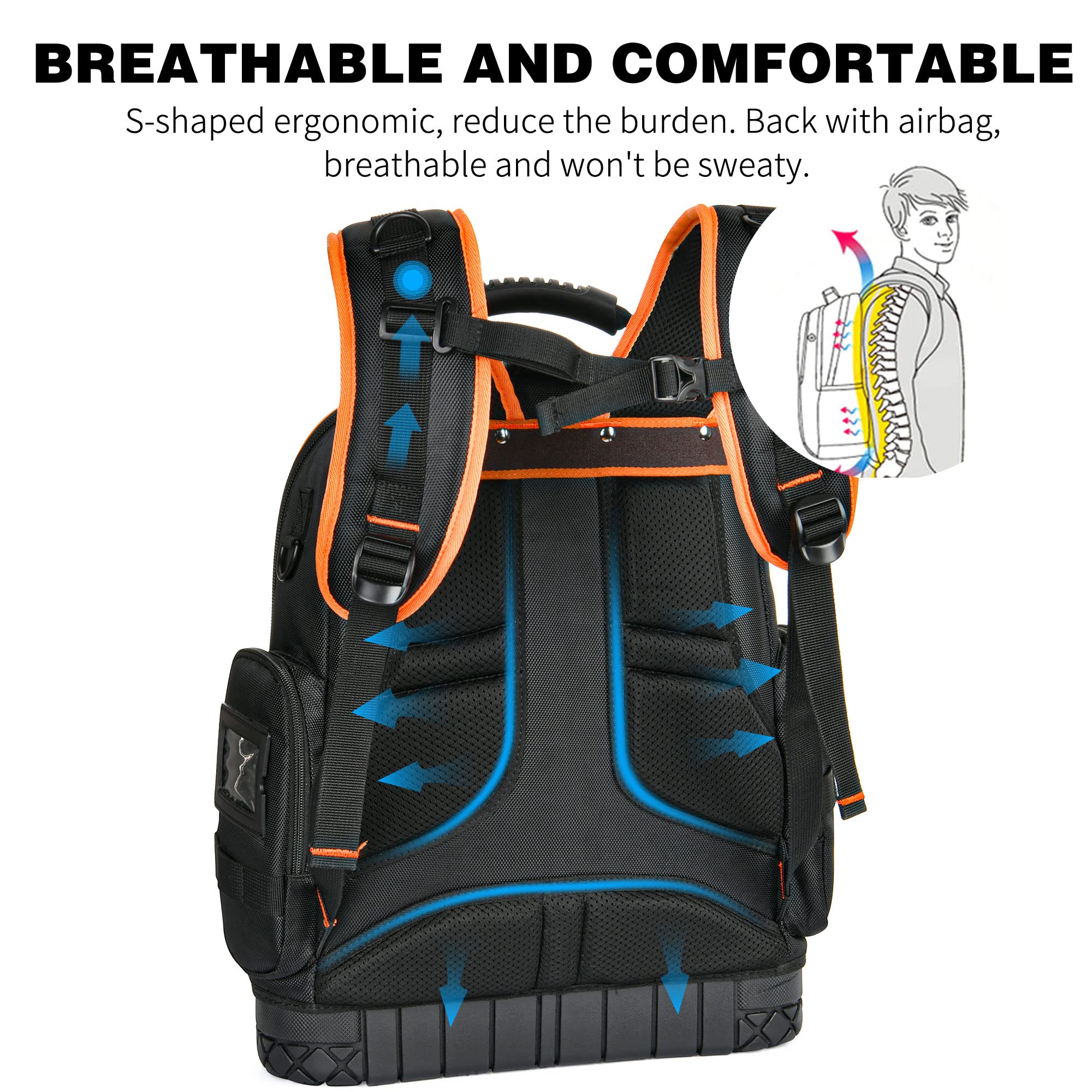 Heavy Duty Tool Bag Backpack - 75 Pockets & Loops for Electricians, HVAC & Construction Work | Large Black & Orange Organizer with Molded Base & Combination Lock | Perfect for Job Sites, Home Repairs & Professional Tool Storage