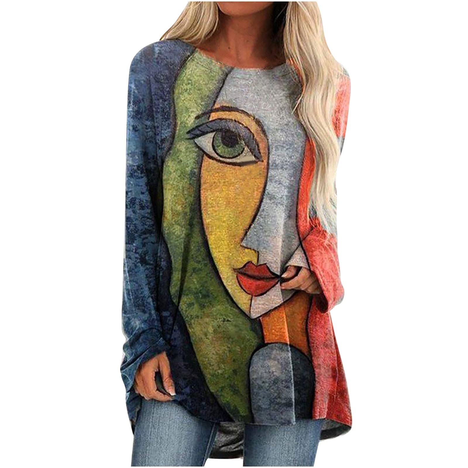 Women's Autumn Fashion Tunic Top - Loose Fit Long Sleeve O-Neck Casual Blouse with Stylish Print | Perfect for Fall Outfits, Office Wear & Weekend Casual Looks
