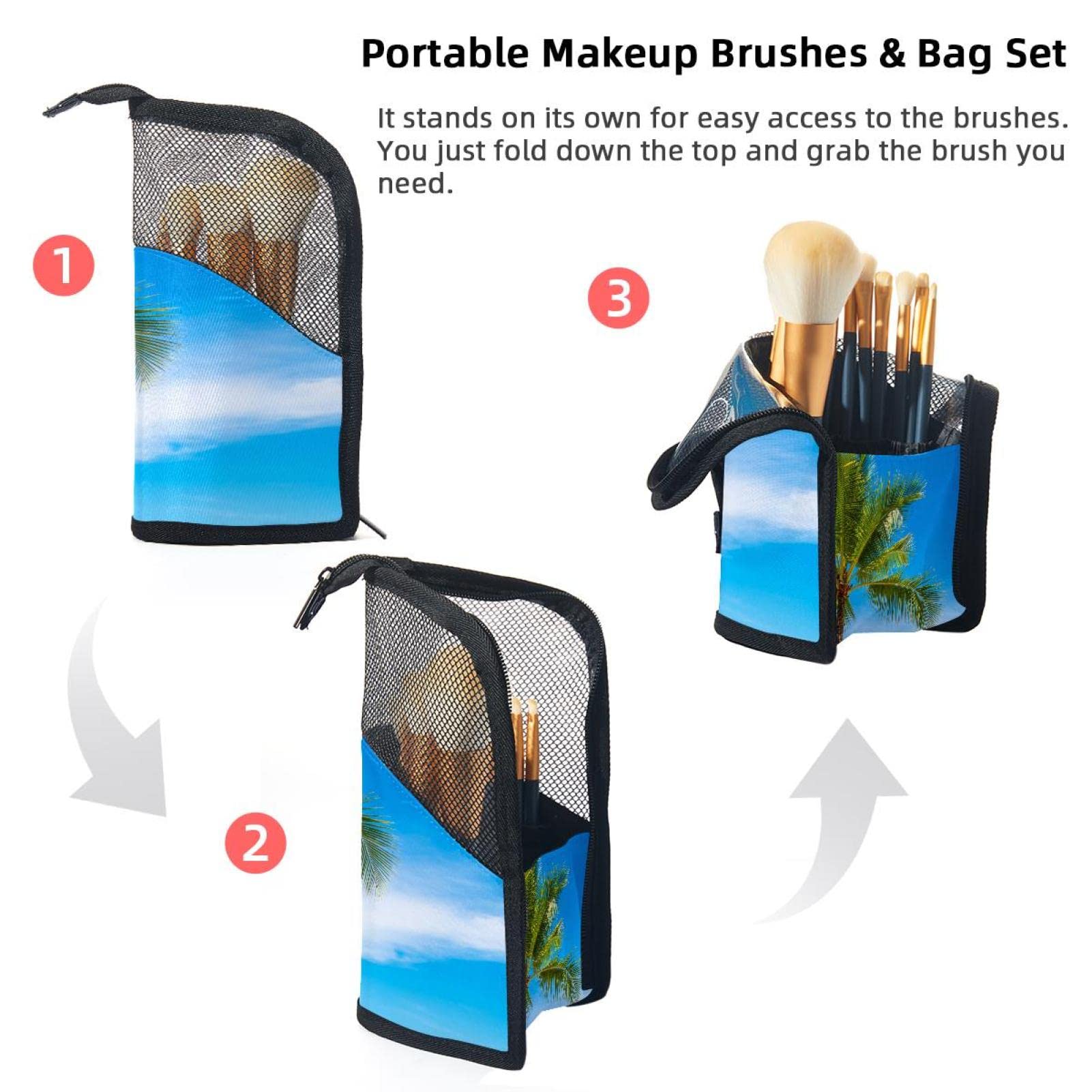 12-Piece Makeup Brush Organizer Bag with Portable Case - Tropical Beach Sea Palm Design | Perfect for Travel, Home Storage & Professional Makeup Artists