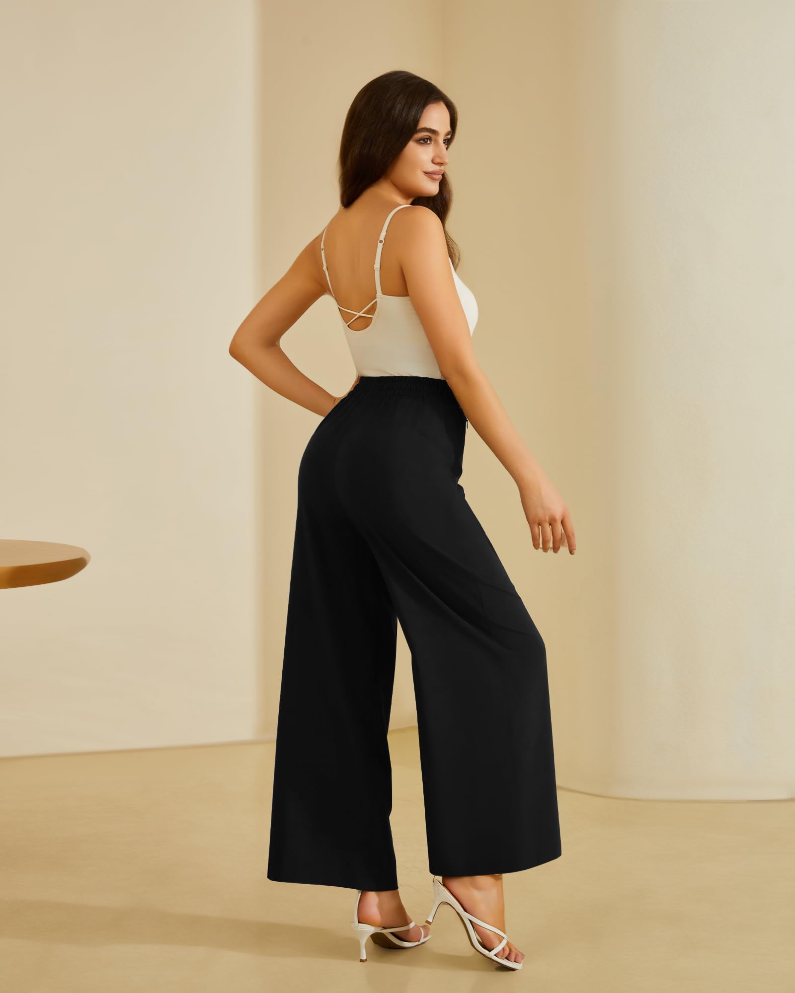 FireSwan Women's Wide Leg Palazzo Pants - High Elastic Waist Work Pants with Zipper Pockets - Comfortable Office & Business Casual Trousers for Professional Women