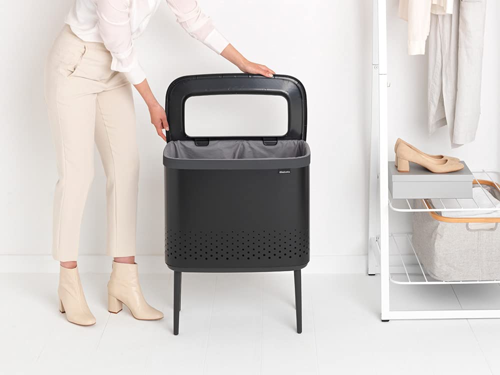 Brabantia Bo Laundry Hamper 16 Gallon - Removable Ventilated Laundry Basket with Flat Back, Stylish Matt Black Dirty Clothes Bin | Rust-Resistant Bathroom Hamper for Bedroom, Laundry Room & Dorm Organization