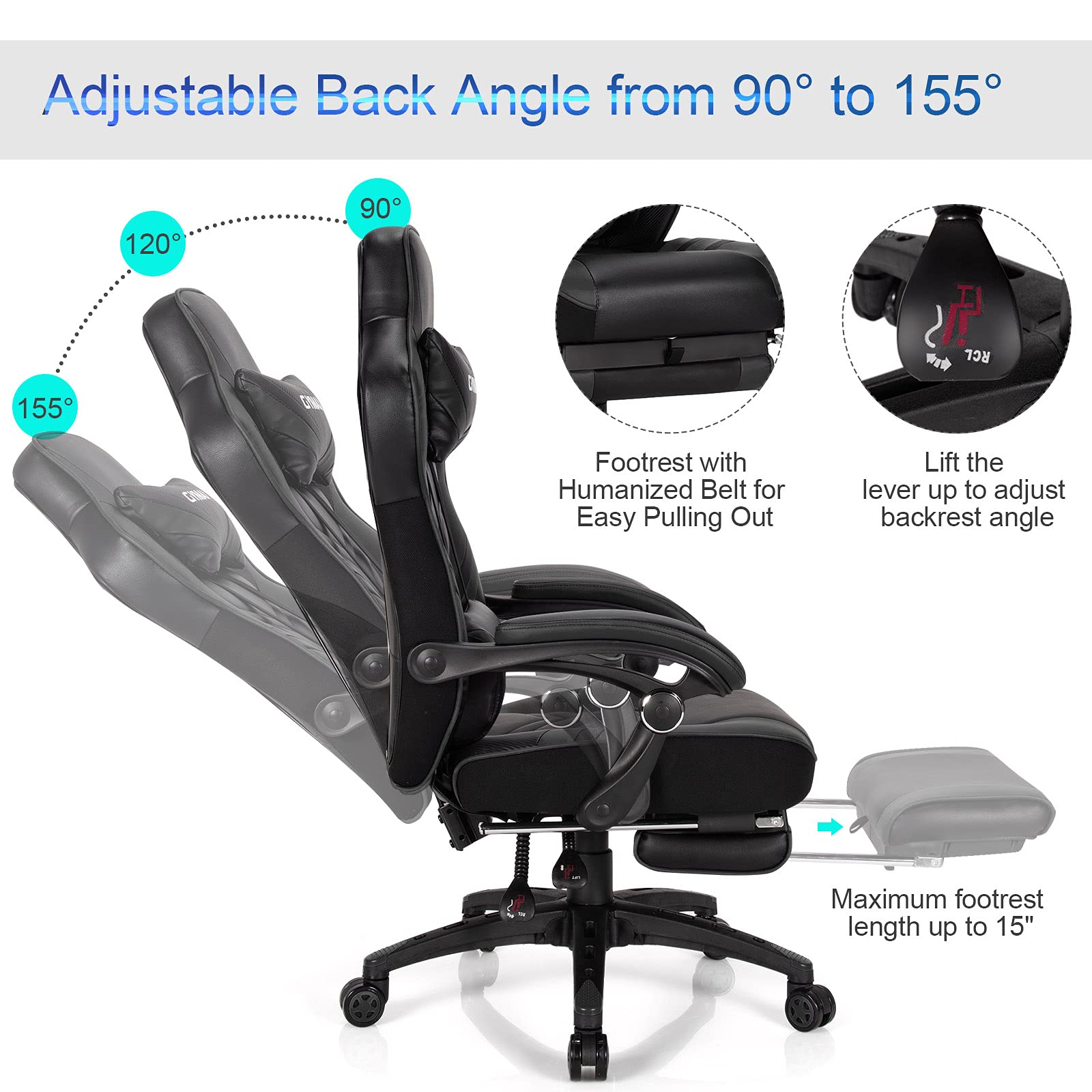 Premium Black Gaming Chair - Ergonomic High Back Computer Chair for Adults & Teens with Lumbar Support, Headrest & Retractable Footrest - Racing Style Reclining Gamer Chair for PC, Office & Esports Gaming Setup