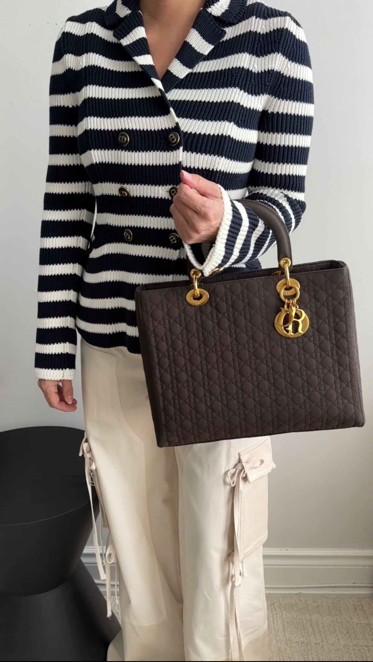 Christian Dior Cotton Stripe Sweater Jacket with CD Buttons - Women's Casual Knit Cardigan (Size S/M) | Perfect for Office Wear, Date Nights & Fall Layering