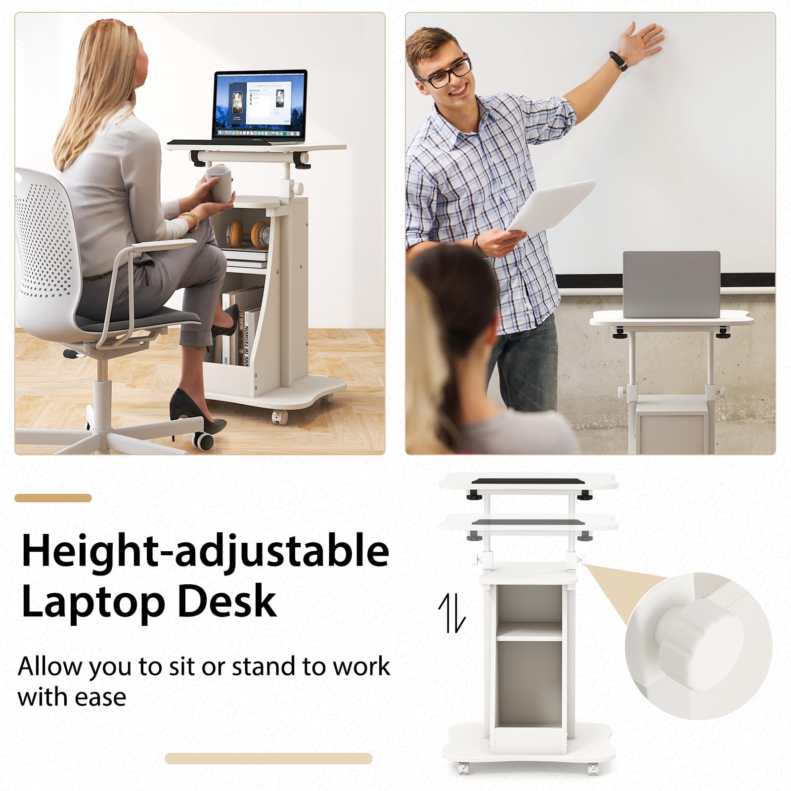 Giantex Adjustable Mobile Podium Stand - Rolling Laptop Cart with Tilting Tabletop & Storage | Lockable Wheels for Classroom, Church, Home Office (White) | Perfect for Presentations, Teaching & Remote Work