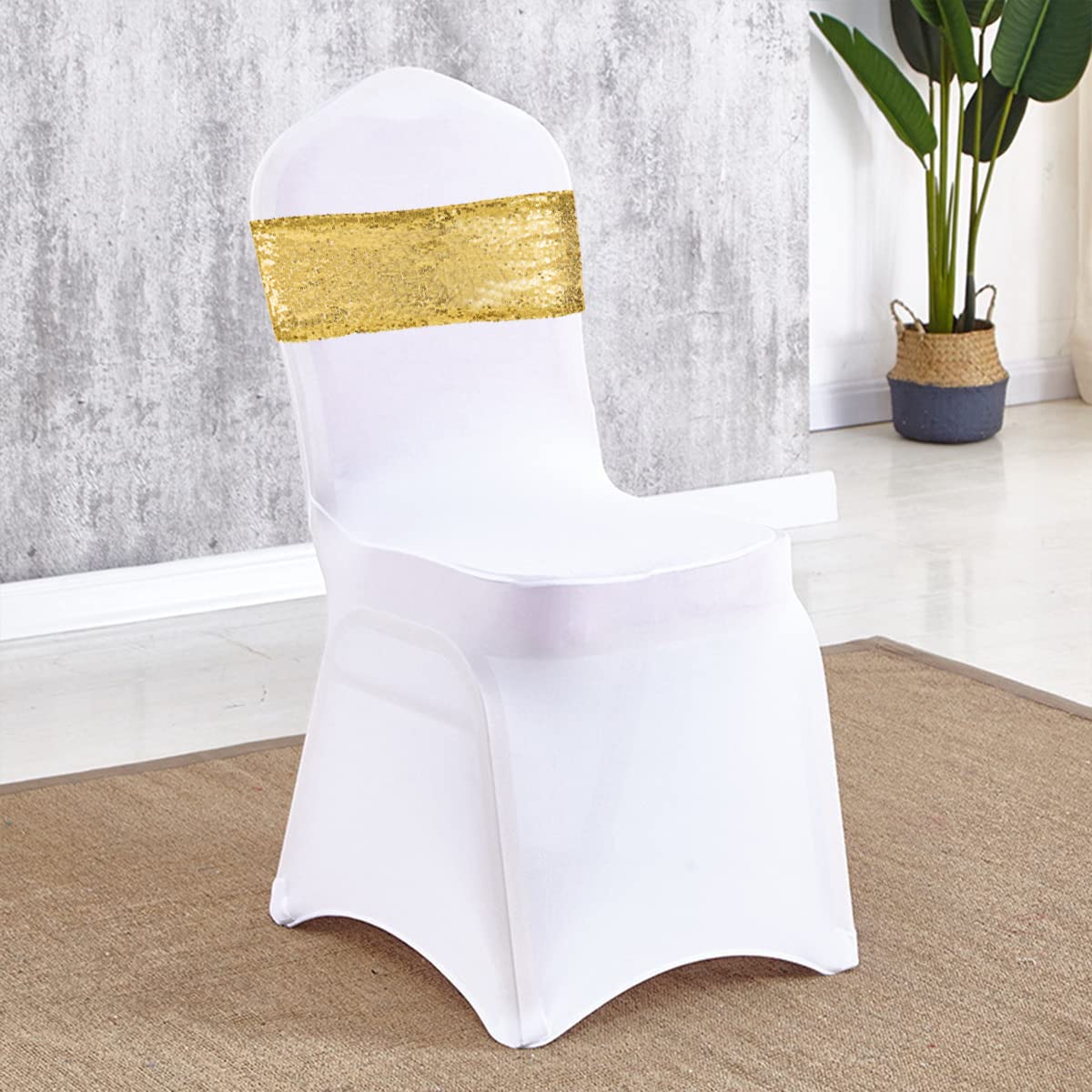 50 Gold Sequin Chair Sashes - Elegant Wedding Chair Covers, Banquet Decor & Party Table Runners for Bridal Showers, Anniversary Celebrations and Special Events