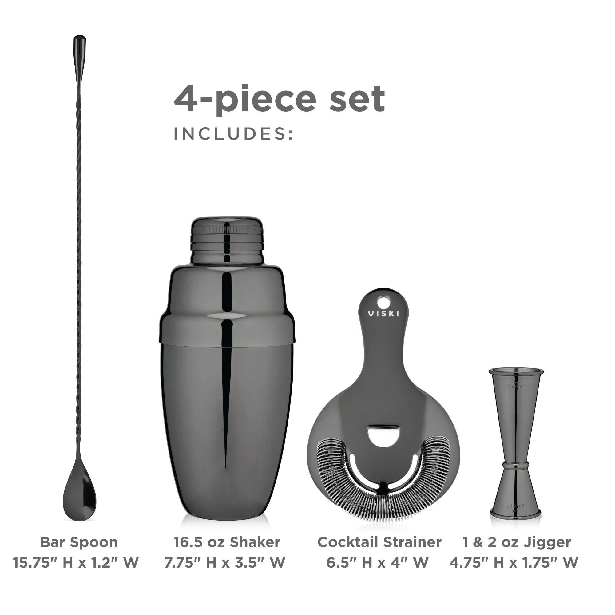 4-Piece Warren Barware Set - Cocktail Shaker, Jigger, Strainer & Spoon - Perfect for Home Bars, Parties & Mixology Enthusiasts