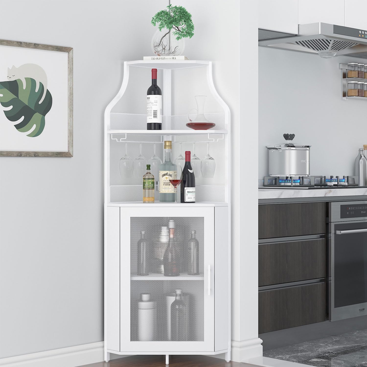 GAOMON 4-Tier White Corner Wine Bar Cabinet with Large Storage Space, Removable Wine Rack & Mesh Door - Perfect for Home Bar, Kitchen, Dining Room & Living Room Storage