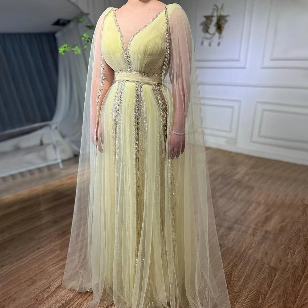 Elegant Sage Green Evening Dress with Cape Sleeves - Yellow Formal Gown for Wedding, Party & Special Occasions | LA72279 | Perfect for Bridesmaids, Prom & Cocktail Events