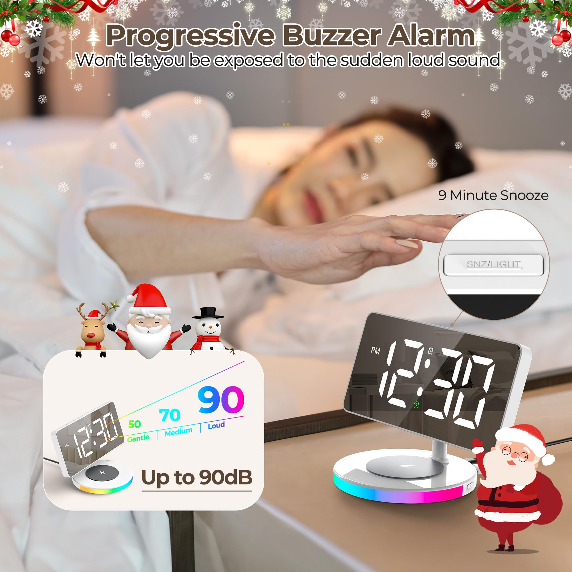 Wireless Charging Digital Alarm Clock with LED Mirror Display - Adjustable Brightness (5 Levels + OFF), Progressive Volume, USB Charger & Dimmable Night Light for Bedroom, Home, Office Decor | Perfect for Nightstands, Desks & Gift Giving