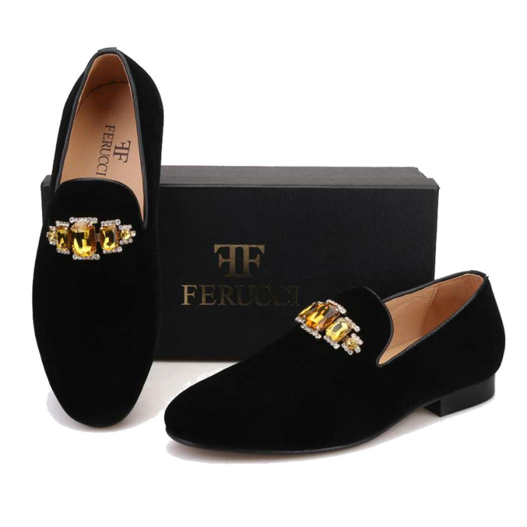 FERUCCI Handmade Men's Black Velvet Loafers with Gold Crystal Brooch - Luxury House Slippers for Formal Events & Wedding Parties