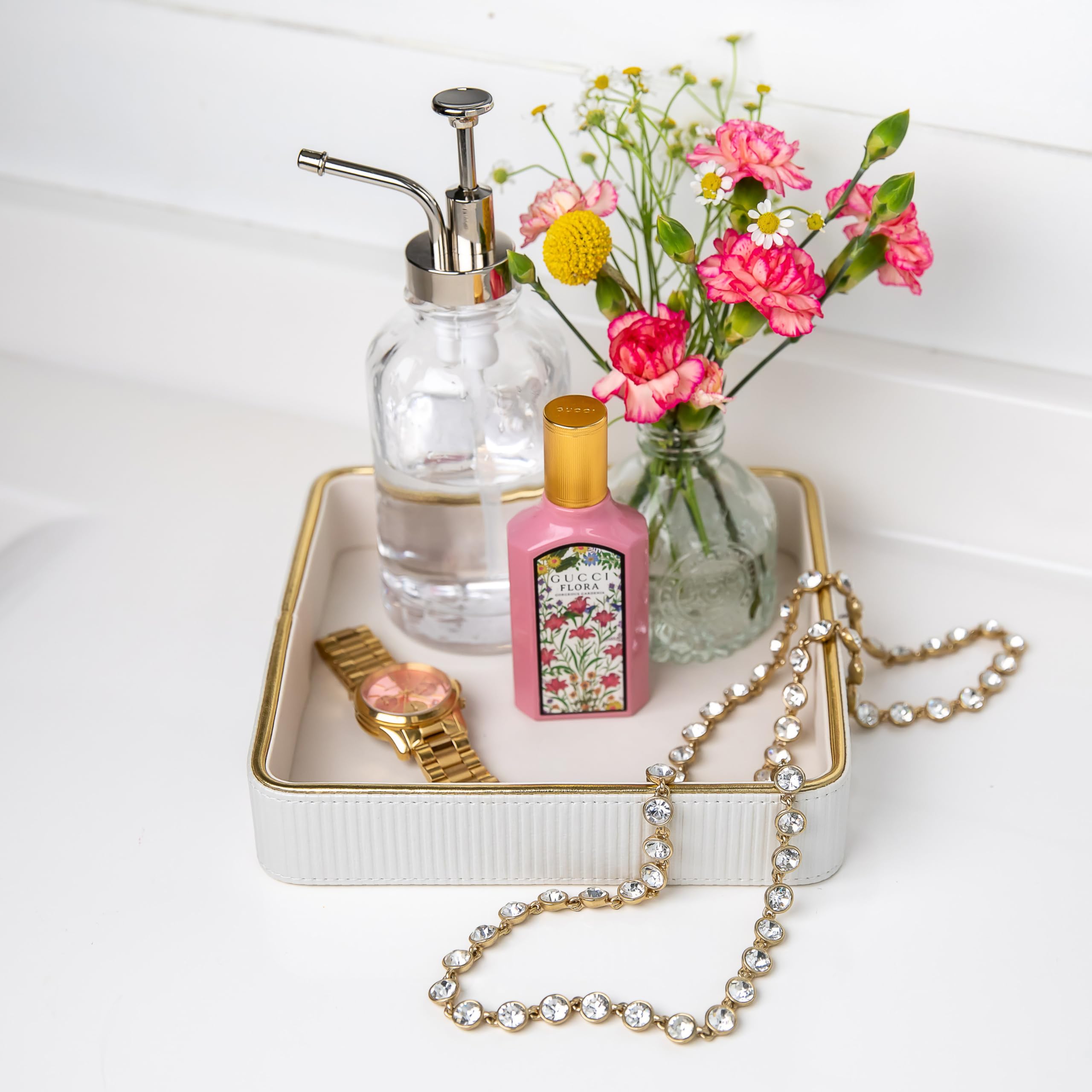 White Leather Nightstand Tray Organizer - Small Bedside Valet Tray for Women | Key & Jewelry Catchall Bowl | Entryway Table & Dresser Top Perfume Holder | Perfect for Bedroom, Vanity & Home Decor Organization